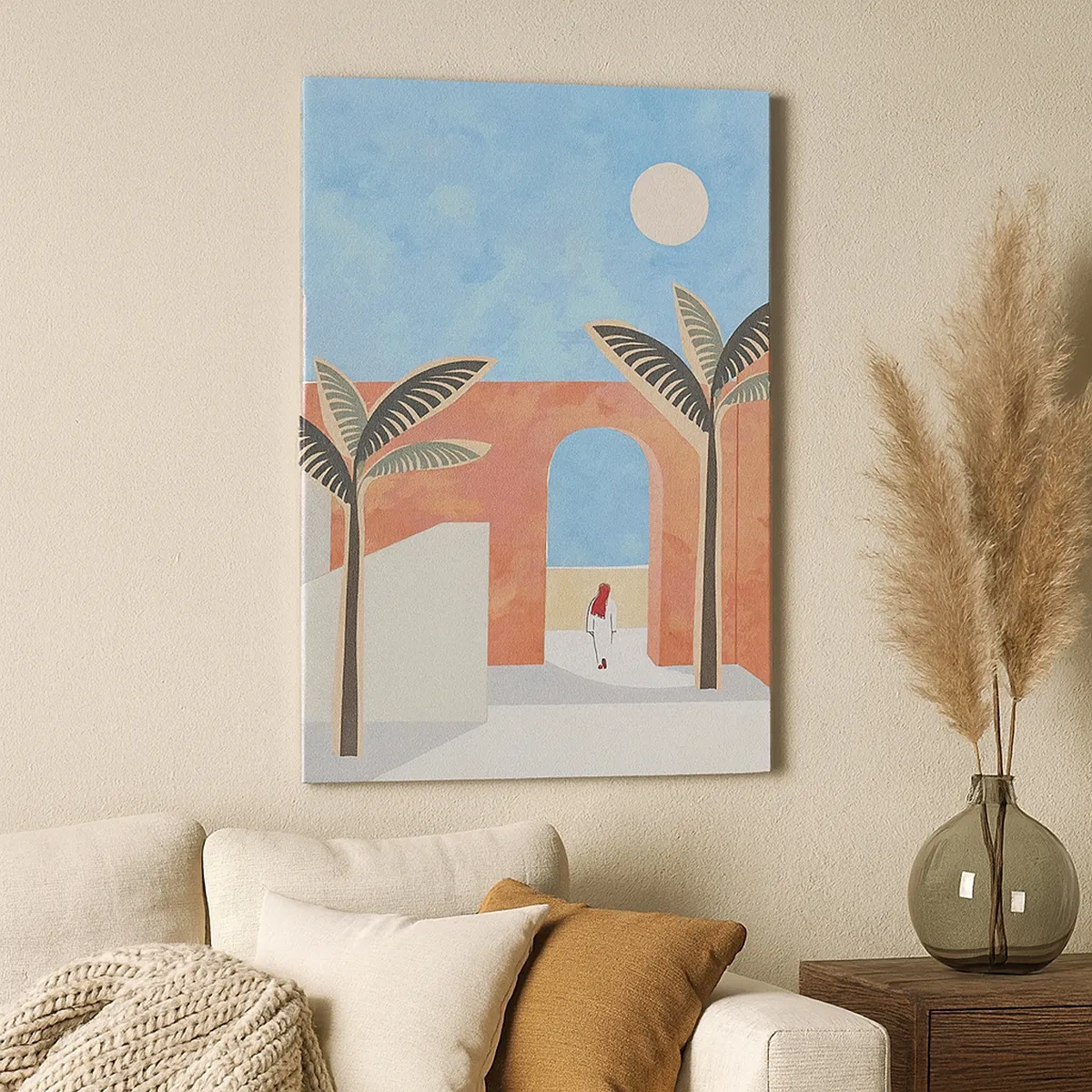 Obraz na płótnie - Minimalistyczna ilustracja architektury z palmami w pastelowych kolorach - 50x70cm - Arabski dzień - Nowoczesna dekoracja ścienna do salonu, kuchni i sypialni ARTTOR