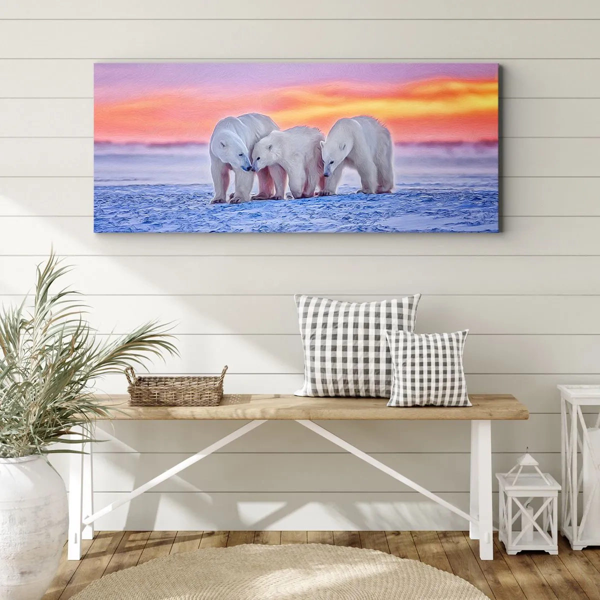 Obraz na płótnie - Trzy niedźwiedzie polarne na tle arktycznego zachodu słońca - 160x50cm - Wystarczy rodzinne ciepło - Nowoczesna dekoracja ścienna do salonu i sypialni ARTTOR