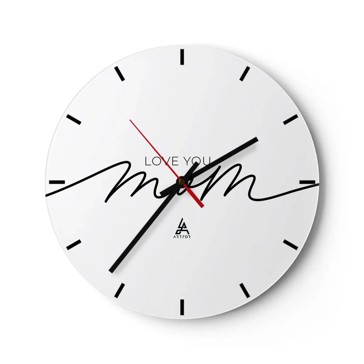 Zegar ścienny - Napis Love You Mom na białym tle w eleganckim stylu - 30x30cm - Wielkie wzruszenie - Nowoczesna dekoracja ścienna do salonu, kuchni i sypialni ARTTOR