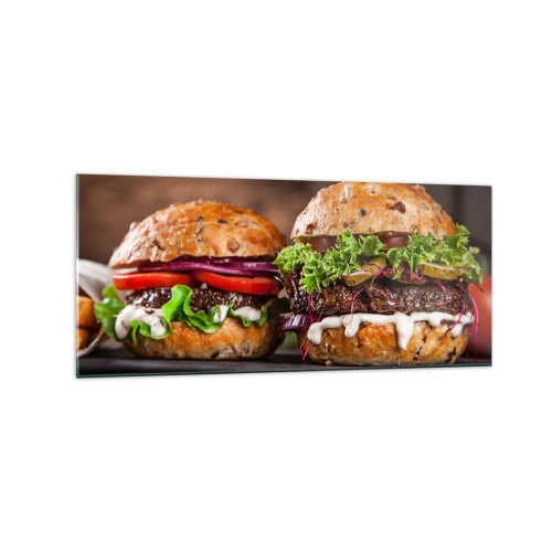 Obraz na szkle - Apetyczne burgery z warzywami i sosem - 120x50cm - American dream - Nowoczesna dekoracja ścienna do salonu i sypialni ARTTOR