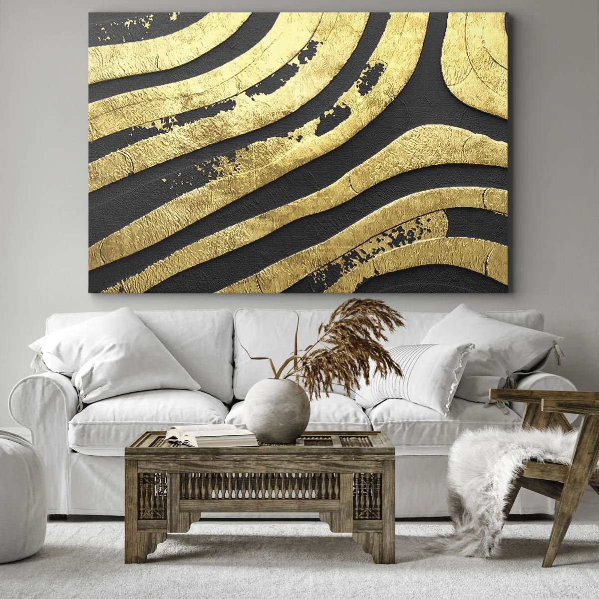 Obraz na płótnie - Złote abstrakcyjne fale na czarnym tle - 70x50cm - Wszystko płynie - Nowoczesna dekoracja ścienna do salonu i sypialni ARTTOR
