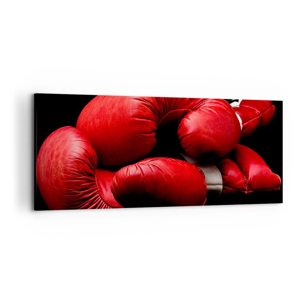 Obraz na płótnie - Czerwone rękawice bokserskie na czarnym tle - 120x50cm - Emocje walki za nami - Nowoczesna dekoracja ścienna do salonu i sypialni ARTTOR