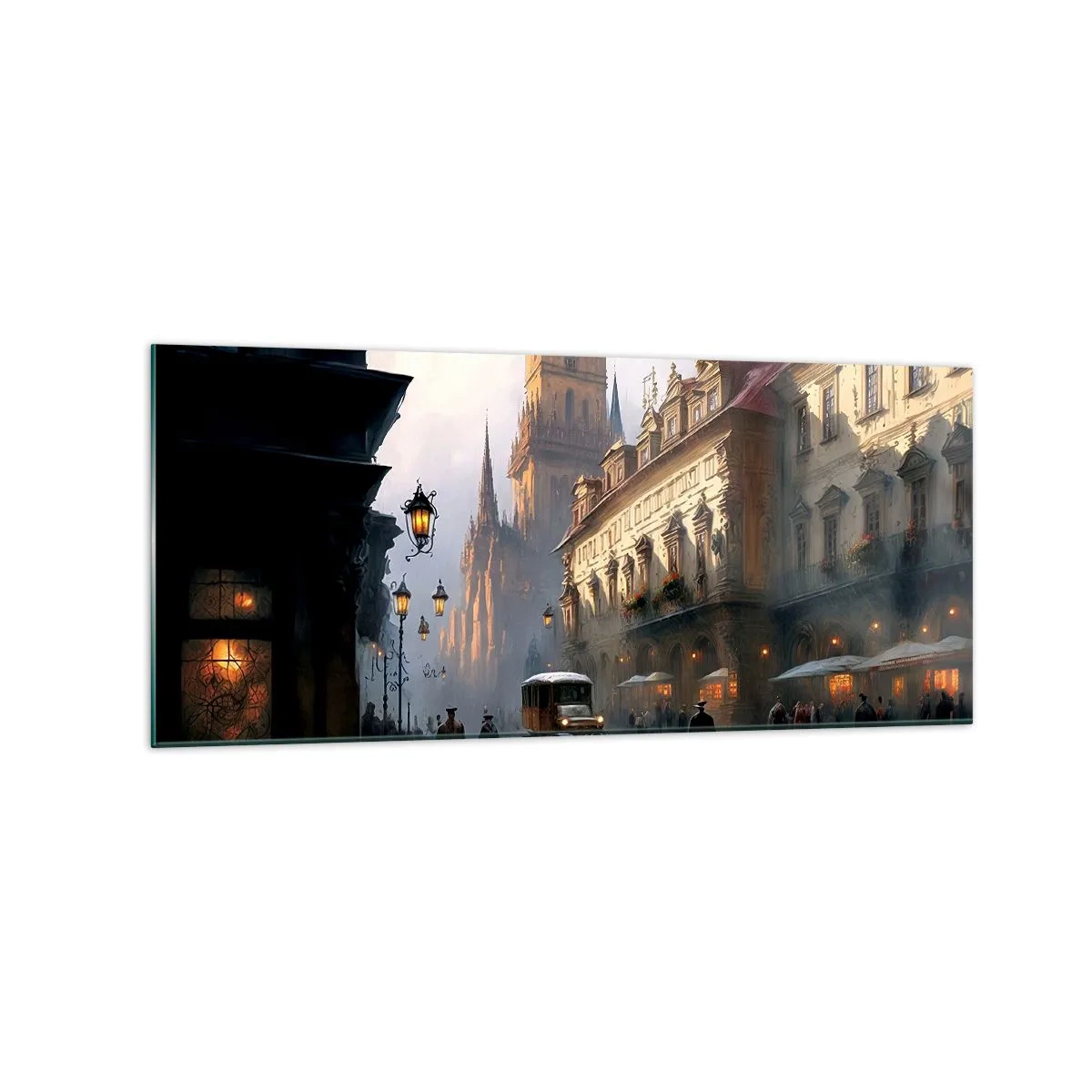 Obraz na szkle - Wieczorna scena uliczna z zabytkową architekturą - 120x50cm - Czar praskiego wieczoru - Nowoczesna dekoracja ścienna do salonu i sypialni ARTTOR