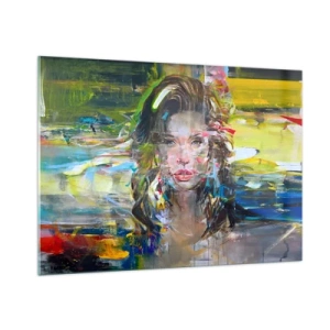 Obraz na szkle - Abstrakcyjny portret kobiety z dynamicznym tłem - 100x70cm - Za powietrza zasłoną - Nowoczesna dekoracja ścienna do salonu, kuchni i sypialni ARTTOR