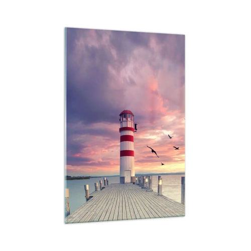 Obraz na szkle - Latarnia morska na molo w otoczeniu malowniczego zachodu słońca - 70x100cm - Pora do portu - Nowoczesna dekoracja ścienna do salonu i sypialni ARTTOR