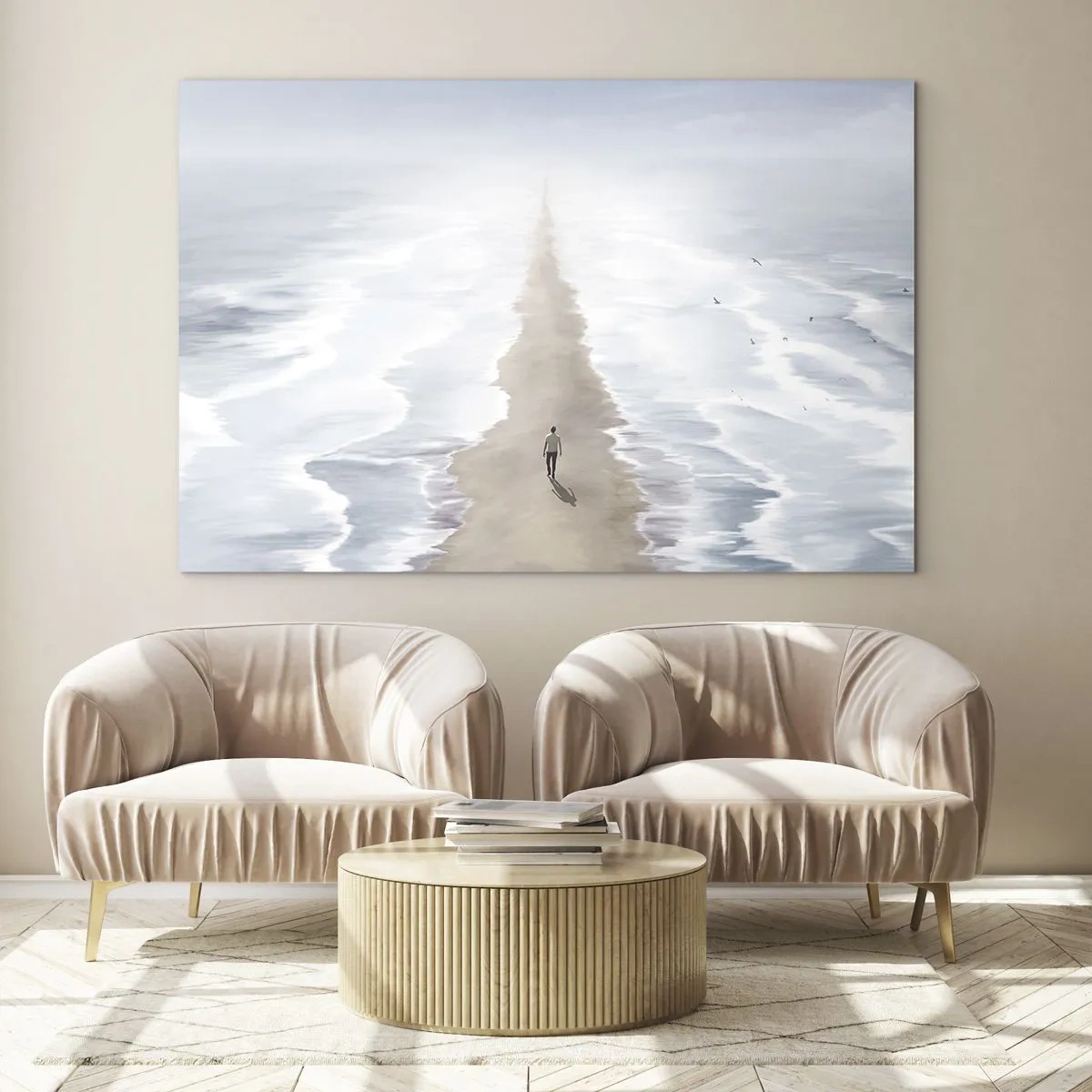 Obraz na szkle - Postać idąca samotnie w stronę horyzontu pośród fal - 70x50cm - Jasna przyszłość - Nowoczesna dekoracja ścienna do salonu i sypialni ARTTOR
