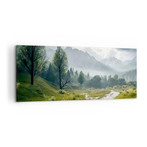 Obraz na płótnie - Górski krajobraz z rzeką i drzewami w otoczeniu mglistych gór - 120x50cm - Tam i z powrotem - Nowoczesna dekoracja ścienna do salonu i sypialni ARTTOR