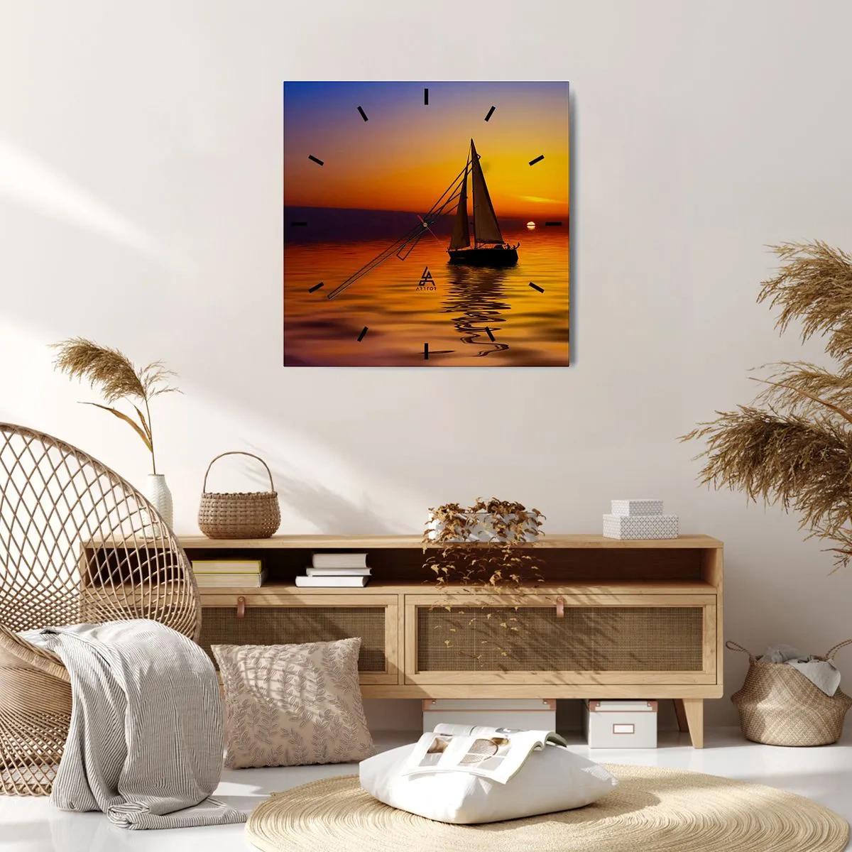 Zegar ścienny - Żaglówka na spokojnym morzu o zachodzie słońca - 30x30cm - Jak tu cicho o zmierzchu… - Nowoczesna dekoracja ścienna do salonu i sypialni ARTTOR
