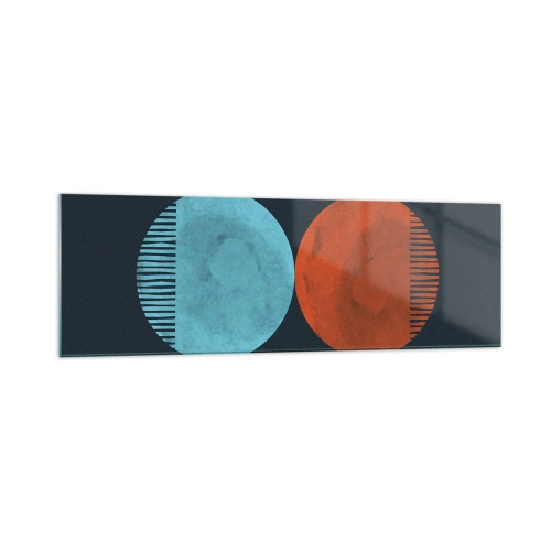 Obraz na szkle - Minimalistyczne dwa koła w kolorach niebieskim i pomarańczowym - 160x50cm - Tylko geometria? - Nowoczesna dekoracja ścienna do salonu i sypialni ARTTOR