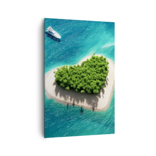Obraz na płótnie - Romantyczna wyspa w kształcie serca na turkusowym morzu - 80x120cm - Kocham lato - Nowoczesna dekoracja ścienna do salonu i sypialni ARTTOR