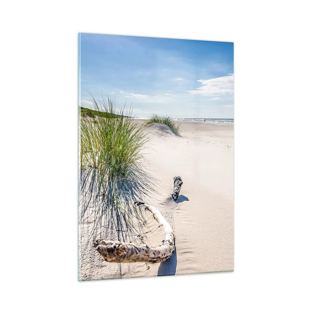 Obraz na szkle - Słoneczna plaża z wydmami i trawami nad morzem - 50x70cm - Najpiękniejsza? Bałtycka - Nowoczesna dekoracja ścienna do salonu, kuchni i sypialni ARTTOR