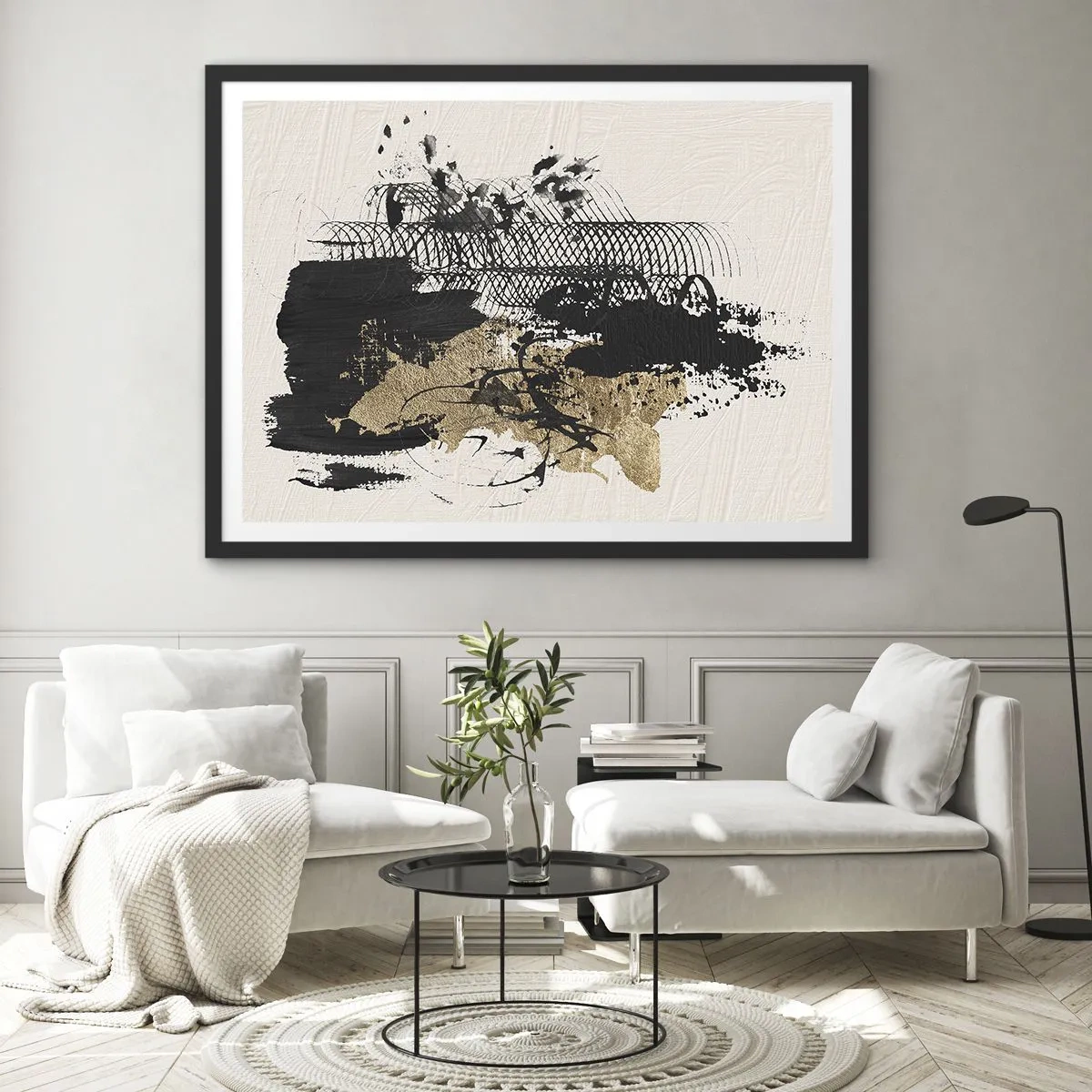 Plakat w czarnej ramie - Abstrakcyjny obraz w czerni i złocie z dynamicznymi liniami i strukturami - 70x50cm - Kompozycja z pasją - Nowoczesna dekoracja ścienna do salonu i sypialni ARTTOR