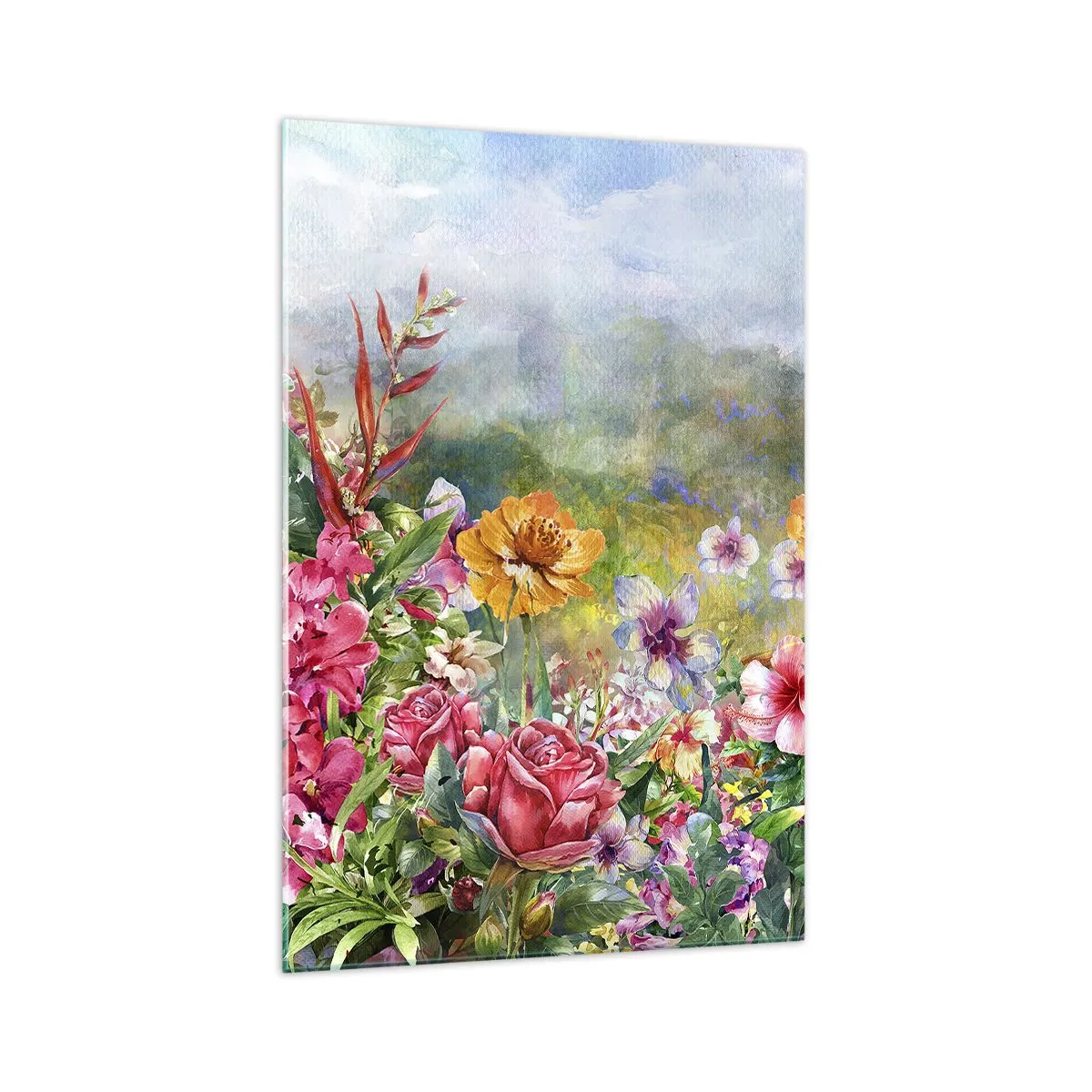 Obraz na szkle - Barwna kompozycja kwiatów na tle pejzażu w pastelowych kolorach - 70x100cm - Ogród, który oszalał - Nowoczesna dekoracja ścienna do salonu i sypialni ARTTOR