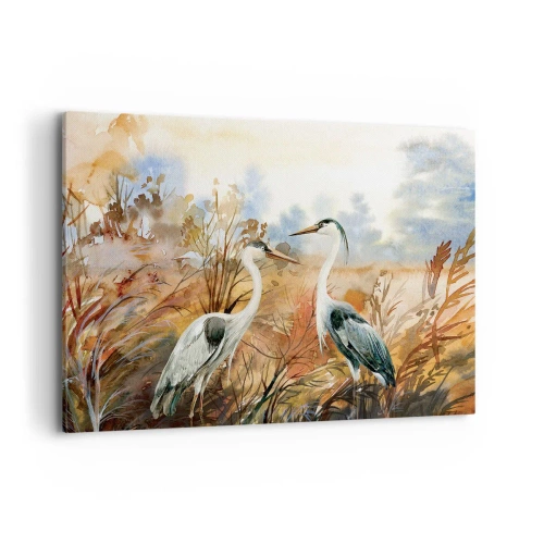 Obraz na płótnie - Dwie czaple na tle jesiennego pejzażu - 120x80cm - Dokąd jesienią? - Nowoczesna dekoracja ścienna do salonu, kuchni i sypialni ARTTOR