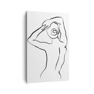 Obraz na płótnie - Minimalistyczna linia konturowa kobiecej sylwetki widzianej od tyłu na białym tle - 80x120cm - Akt o poranku - Nowoczesna dekoracja ścienna do salonu i sypialni ARTTOR