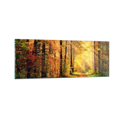 Obraz na szkle - Leśna ścieżka otoczona złotymi i zielonymi drzewami - 140x50cm - Leśno-złota cisza - Nowoczesna dekoracja ścienna do salonu i sypialni ARTTOR