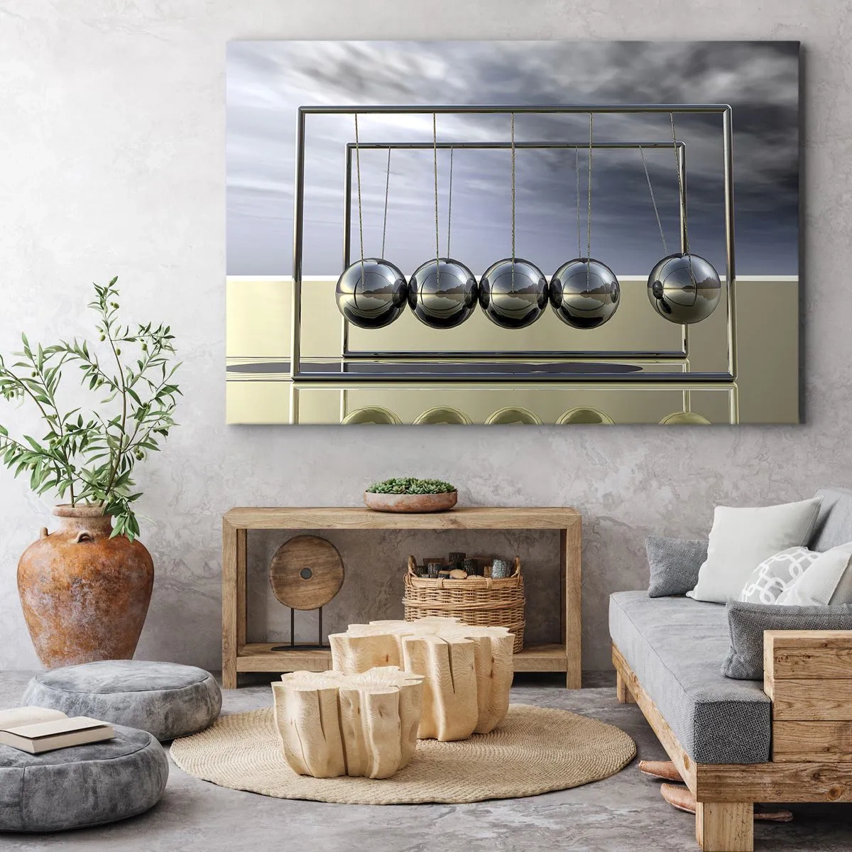 Obraz na płótnie - Kule Newtona w minimalistycznym otoczeniu z refleksami światła - 70x50cm - Energia świata - Nowoczesna dekoracja ścienna do salonu i sypialni ARTTOR