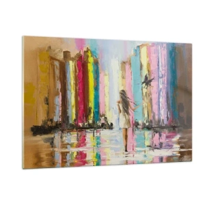 Obraz na szkle - Kobieta na tle kolorowych budynków z ptakiem - 120x80cm - Idż za mną - Nowoczesna dekoracja ścienna do salonu, kuchni i sypialni ARTTOR