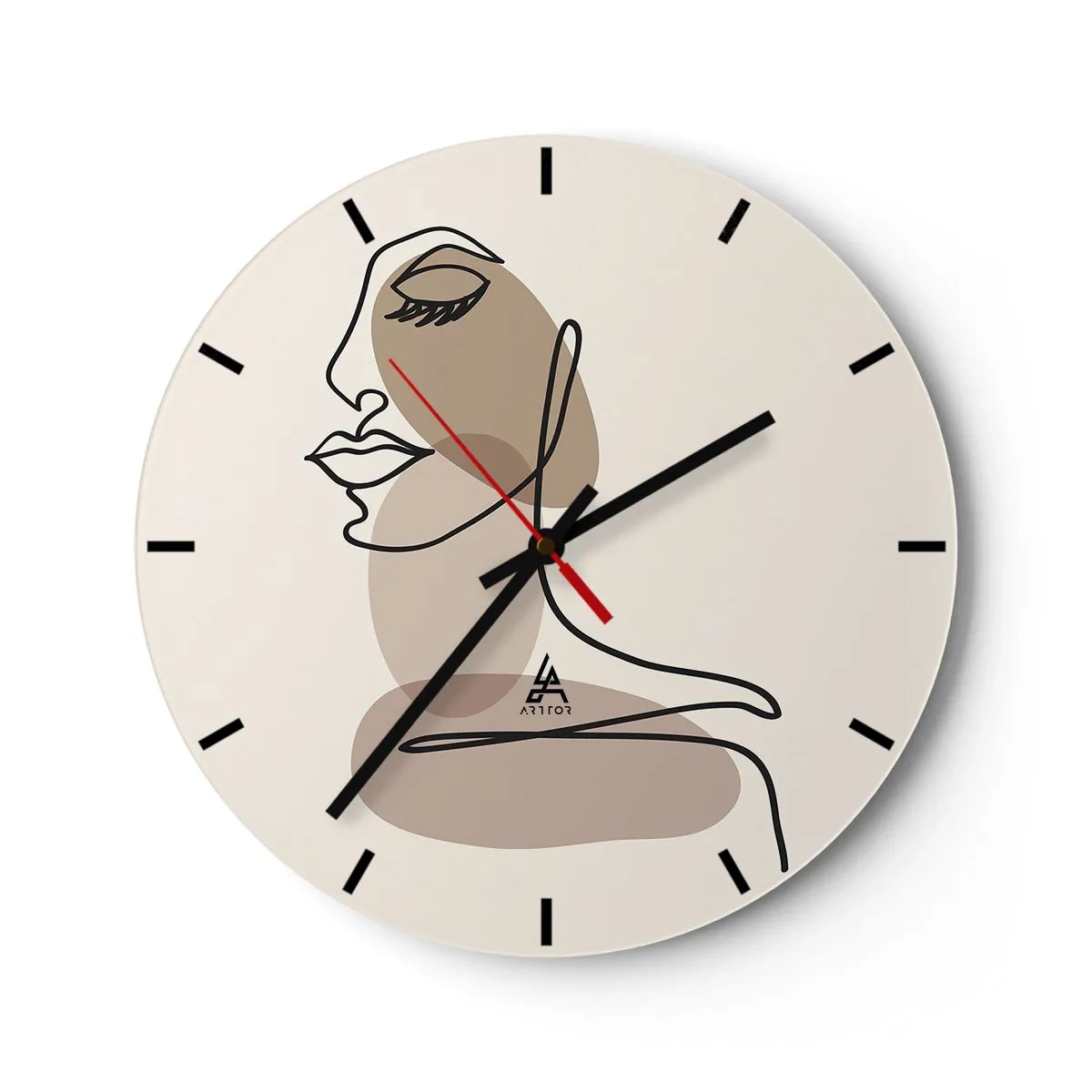 Zegar ścienny - Minimalistyczny portret kobiety w stylu line art i beżowych plamach - 30x30cm - Pewna linia piękna - Nowoczesna dekoracja ścienna do salonu, kuchni i sypialni ARTTOR