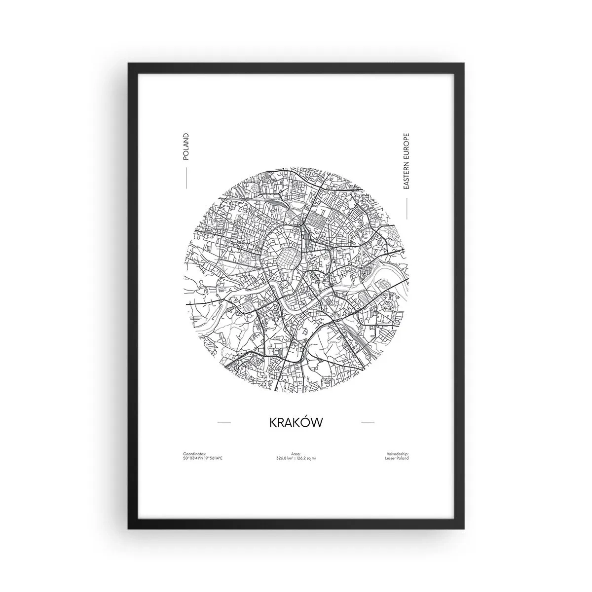 Plakat w czarnej ramie - Minimalistyczna mapa Krakowa w okręgu - 50x70cm - Anatomia Krakowa - Nowoczesna dekoracja ścienna do salonu i sypialni ARTTOR