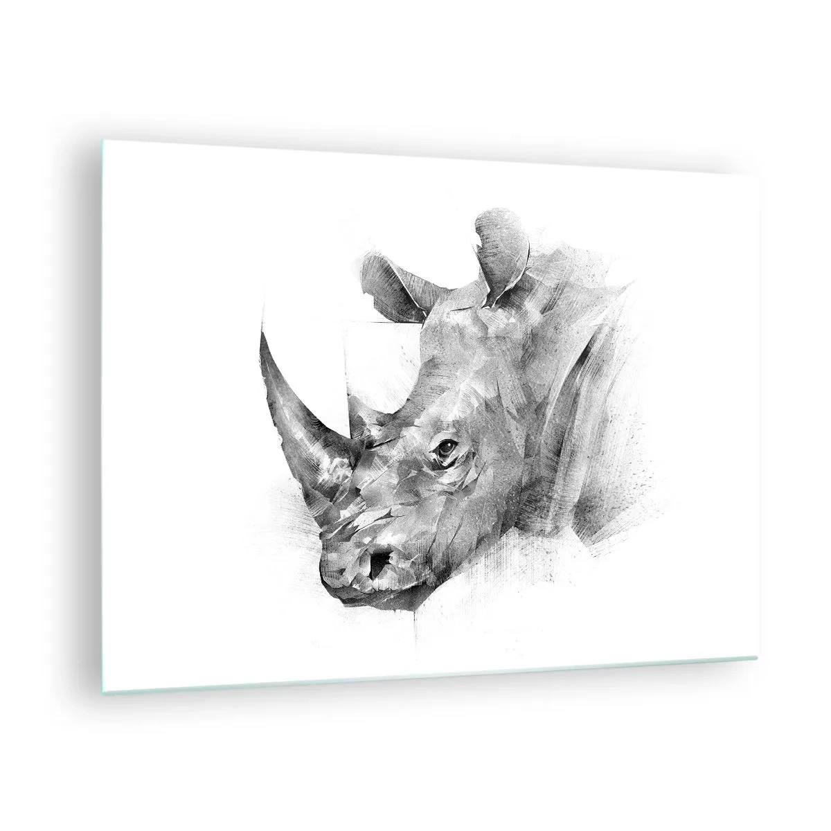Obraz na szkle - Czarno-biały portret nosorożca w artystycznym ujęciu - 70x50cm - Afrykański portret - Nowoczesna dekoracja ścienna do salonu i sypialni ARTTOR