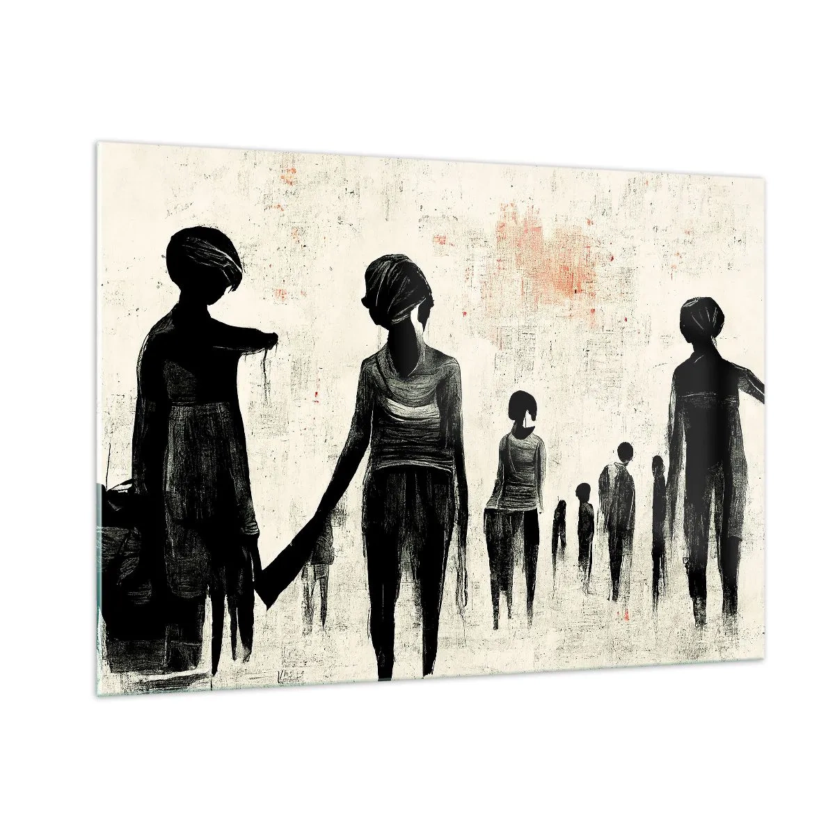 Obraz na szkle - Czarne postacie w ruchu na jasnym tle z czerwoną fakturą - 100x70cm - Przeciw samotności - Nowoczesna dekoracja ścienna do salonu, kuchni i sypialni ARTTOR