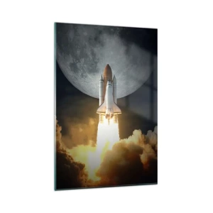 Obraz na szkle - Rakieta startująca na tle pełni księżyca w otoczeniu dynamicznych chmur - 80x120cm - Początek nieziemskiej przygody - Nowoczesna dekoracja ścienna do salonu i sypialni ARTTOR