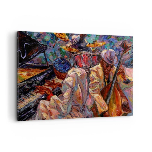 Obraz na płótnie - Energetyczna scena jazzowa z muzykami i instrumentami - 100x70cm - W jednym rytmie - Nowoczesna dekoracja ścienna do salonu, kuchni i sypialni ARTTOR