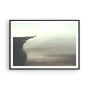 Plakat w czarnej ramie - Sylwetka postaci na krawędzi urwiska w mglistym krajobrazie - 100x70cm - Do góry, oczywiście! - Nowoczesna dekoracja ścienna do salonu i sypialni ARTTOR