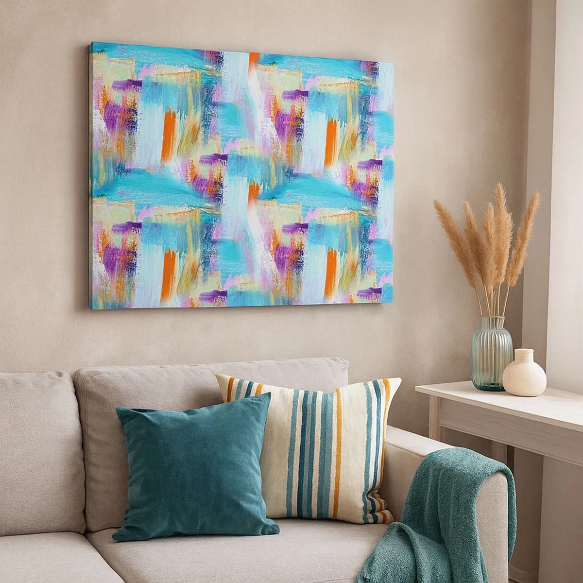 Obraz na płótnie - Kolorowa abstrakcja z dynamicznymi pociągnięciami pędzla - 70x50cm - Pogodny mazaniec-przekładaniec - Nowoczesna dekoracja ścienna do salonu i sypialni ARTTOR