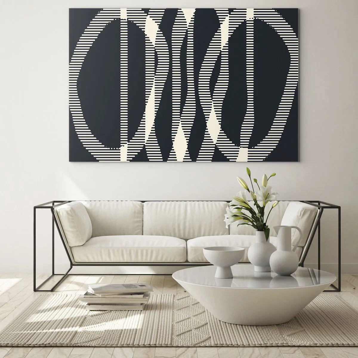 Obraz na szkle - Geometryczne linie w odcieniach czerni i beżu - 70x50cm - Próba przełamania ciemności - Nowoczesna dekoracja ścienna do salonu i sypialni ARTTOR