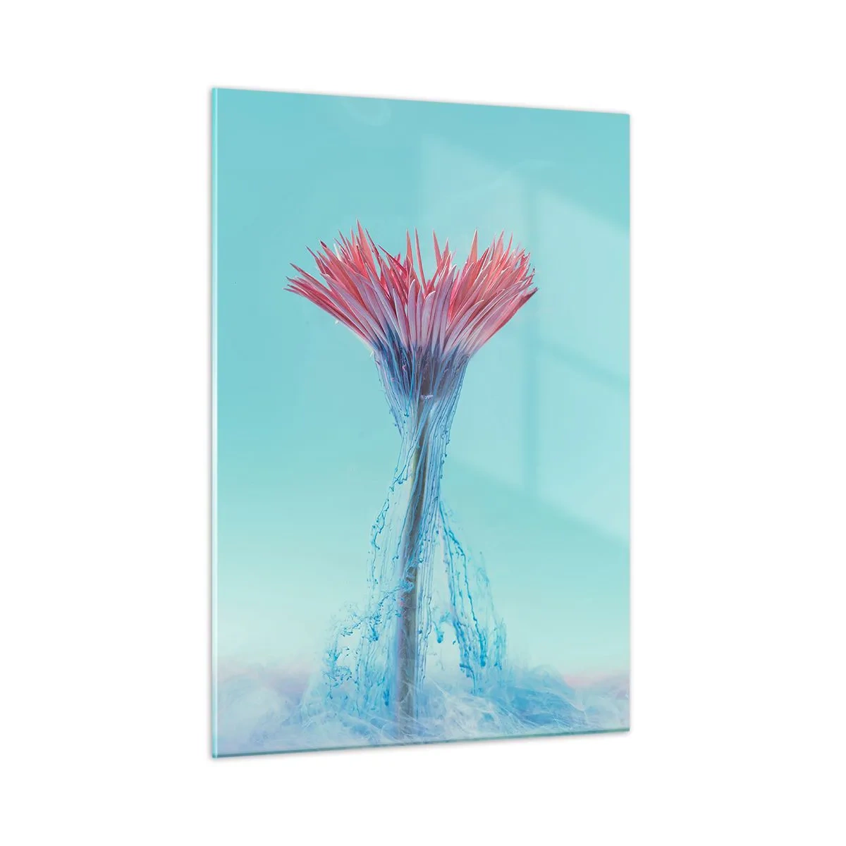 Obraz na szkle - Fantazyjny kwiat zanurzony w błękitnej i różowej mgiełce - 50x70cm - W ożywczym objęciu - Nowoczesna dekoracja ścienna do salonu, kuchni i sypialni ARTTOR