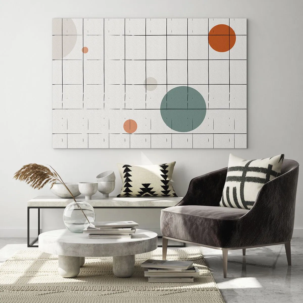 Obraz na szkle - Kolorowe koła na tle geometrycznej siatki z cienkich linii - 70x50cm - Uwięzione. My czy one? - Nowoczesna dekoracja ścienna do salonu i sypialni ARTTOR