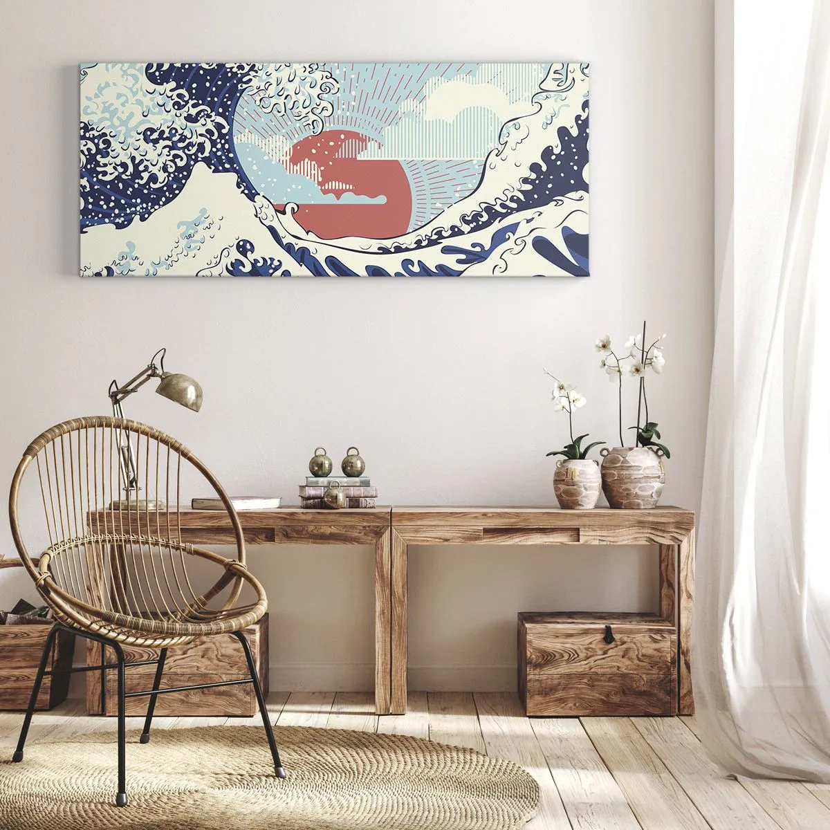 Obraz na płótnie - Fale oceanu i zachodzące słońce w stylu japońskim - 120x50cm - Z japońskich inspiracji - Nowoczesna dekoracja ścienna do salonu i sypialni ARTTOR
