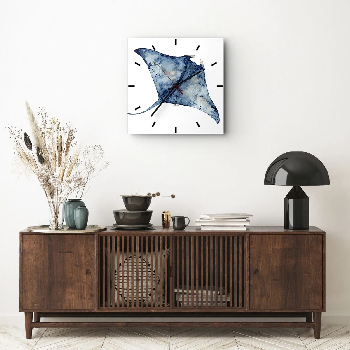 Zegar ścienny - Niebieska płaszczka w akwarelowym stylu na białym tle - 30x30cm - Życie w błękicie - Nowoczesna dekoracja ścienna do salonu i sypialni ARTTOR