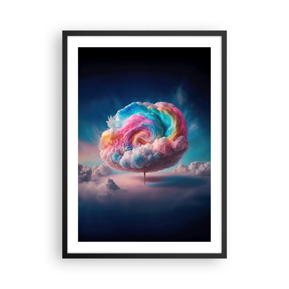 Plakat w czarnej ramie - Kolorowa, abstrakcyjna chmura wirująca w przestrzeni - 50x70cm - Sen o wesołym miasteczku - Nowoczesna dekoracja ścienna do salonu i sypialni ARTTOR