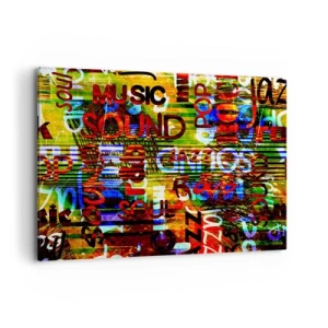 Obraz na płótnie - Kolorowa abstrakcja z napisami muzycznymi w stylu pop-art - 100x70cm - Wszystkie barwy dźwięku - Nowoczesna dekoracja ścienna do salonu, kuchni i sypialni ARTTOR