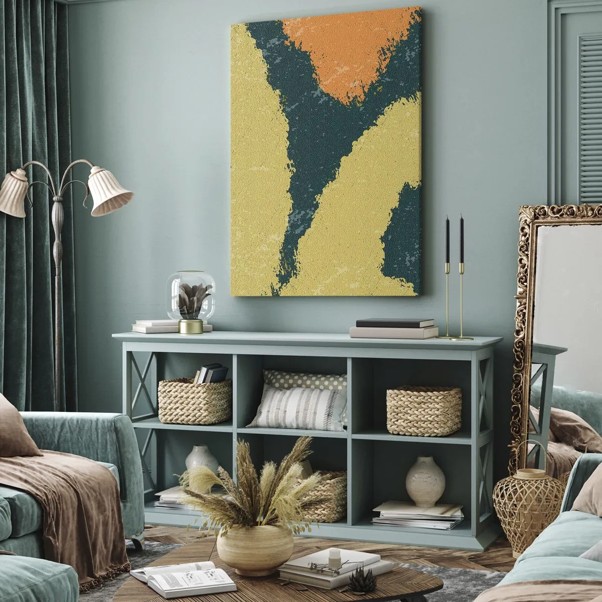 Obraz na płótnie - Abstrakcyjne plamy w kolorach ziemi i zieleni - 70x100cm - Abstrakcja – powolnym ruchem - Nowoczesna dekoracja ścienna do salonu i sypialni ARTTOR