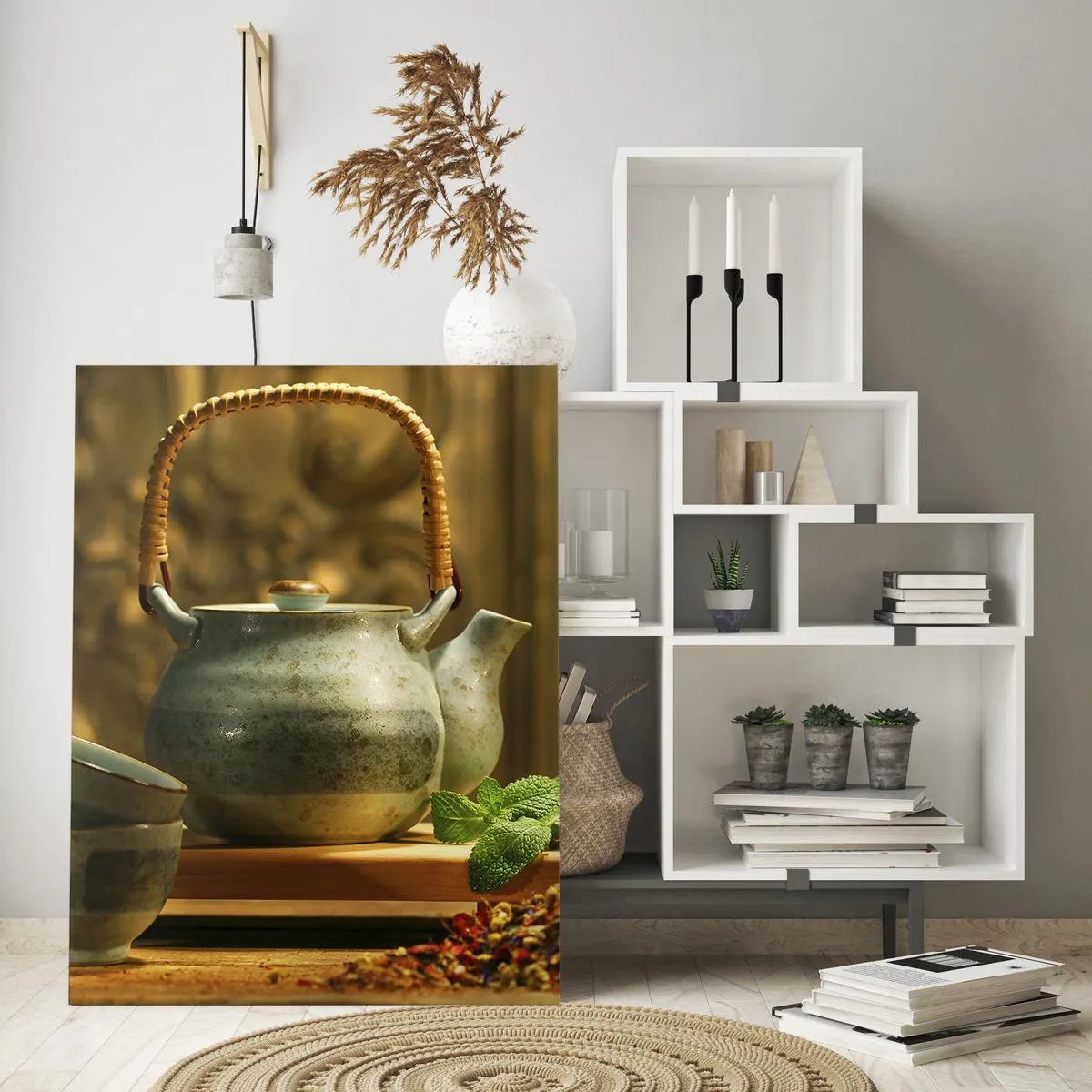 Obraz na szkle - Zestaw ceramiczny do herbaty z ziołami w tle klasycznej dekoracji - 50x70cm - Traktat o piciu herbaty - Nowoczesna dekoracja ścienna do salonu, kuchni i sypialni ARTTOR