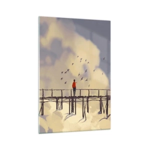 Obraz na szkle - Postać na moście wśród chmur z ptakami na tle nieba - 70x100cm - Niebieska tęsknota - Nowoczesna dekoracja ścienna do salonu i sypialni ARTTOR
