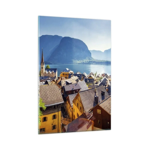 Obraz na szkle - Malownicza wioska nad jeziorem otoczonym górami w słoneczny dzień - 80x120cm - Bardziej malowniczo się nie da - Nowoczesna dekoracja ścienna do salonu i sypialni ARTTOR