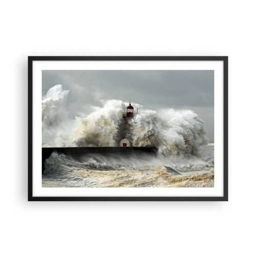 Plakat w czarnej ramie - Latarnia morska otoczona wzburzonymi falami podczas sztormu - 70x50cm - Gniew oceanu - Nowoczesna dekoracja ścienna do salonu i sypialni ARTTOR
