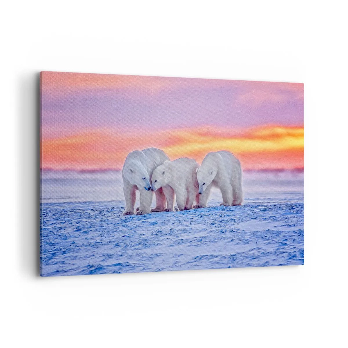Obraz na płótnie - Trzy niedźwiedzie polarne na tle arktycznego zachodu słońca - 120x80cm - Wystarczy rodzinne ciepło - Nowoczesna dekoracja ścienna do salonu, kuchni i sypialni ARTTOR