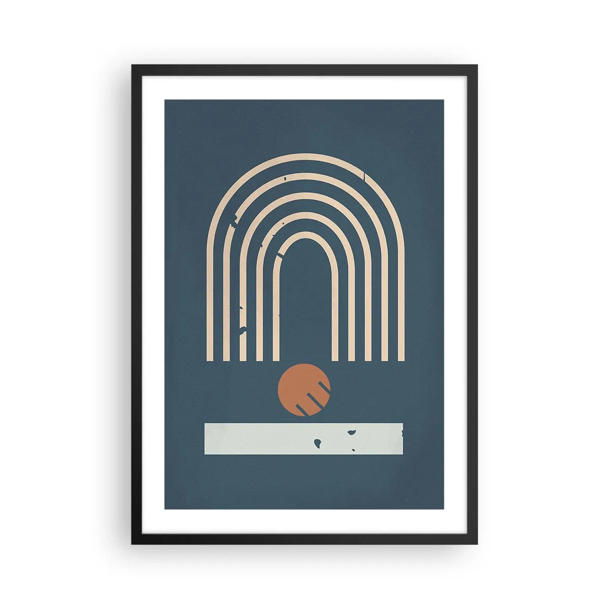 Plakat w czarnej ramie - Geometryczne łuki i kula na ciemnym tle - 50x70cm - Geometria na granacie - Nowoczesna dekoracja ścienna do salonu i sypialni ARTTOR