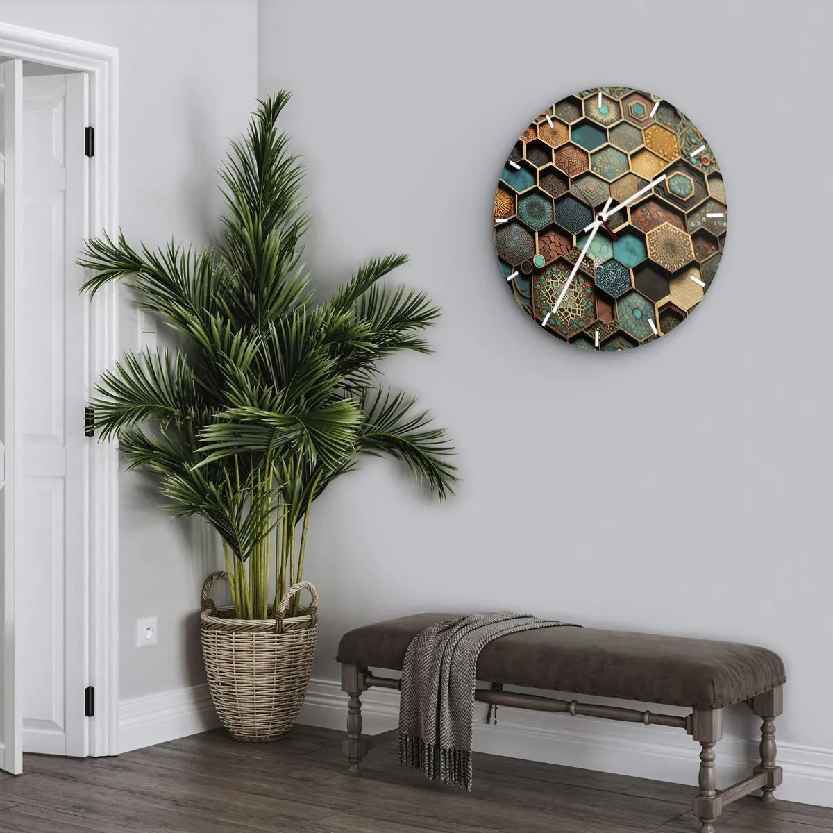 Zegar ścienny - Wielokolorowe heksagony z orientalnymi wzorami - 30x30cm - Arabskie ornamenty – wariacja - Nowoczesna dekoracja ścienna do salonu, kuchni i sypialni ARTTOR