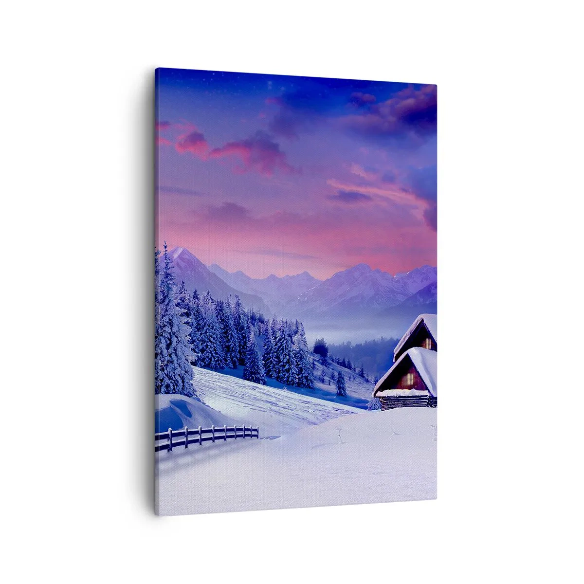Obraz na płótnie - Zimowy krajobraz z chatą i górskim tłem - 50x70cm - Cicha noc - Nowoczesna dekoracja ścienna do salonu, kuchni i sypialni ARTTOR