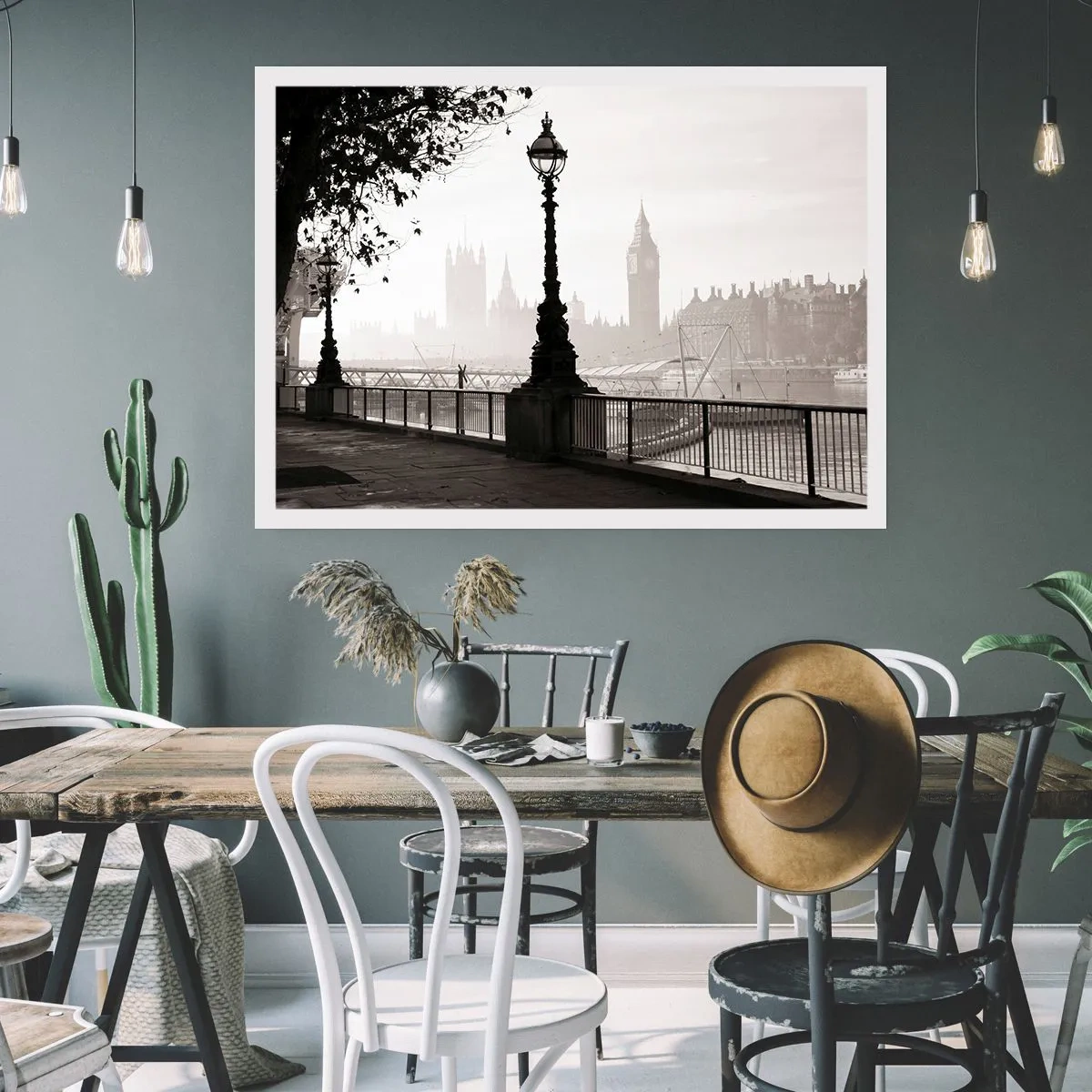 Plakat - Monochromatyczny widok na Big Ben i Tamizę - 100x70cm - Londyński poranek - Nowoczesna dekoracja ścienna do salonu i sypialni ARTTOR