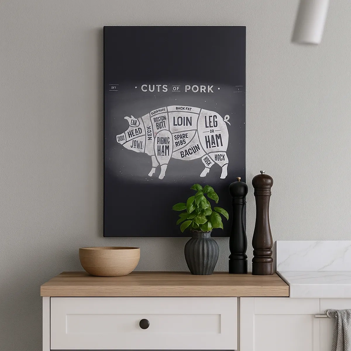 Obraz na płótnie - Ilustracja z podziałem wieprzowiny na części na czarnym tle - 50x70cm - Elementarz masarza - Nowoczesna dekoracja ścienna do salonu, kuchni i sypialni ARTTOR