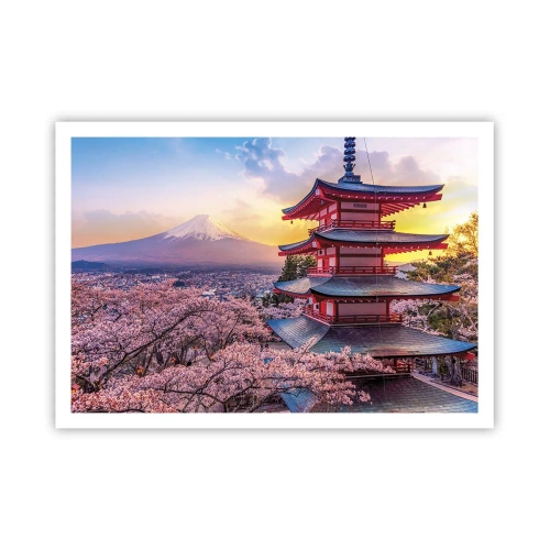 Plakat - Pagoda w Japonii z kwitnącymi wiśniami i górą Fuji - 100x70cm - Esencja japońskiego ducha - Nowoczesna dekoracja ścienna do salonu i sypialni ARTTOR