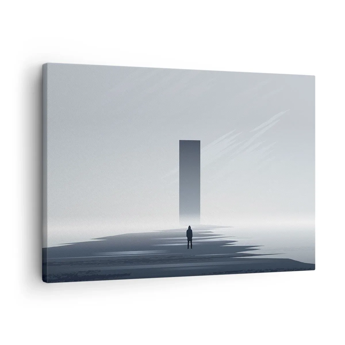 Obraz na płótnie - Minimalistyczny pejzaż z sylwetką przy prostokątnym monolicie - 70x50cm - Szansa czy zagrożenie? - Nowoczesna dekoracja ścienna do salonu i sypialni ARTTOR